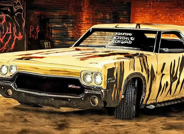 Prompt: muscle car built by rob zombie
