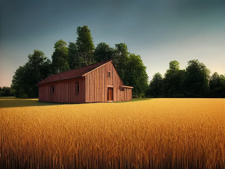 Image similar to hyperrealism design by cornelia konrads photography of beautiful detailed small house around the forest in small ukrainian village by taras shevchenko and wes anderson and caravaggio, wheat field behind the house, volumetric natural light