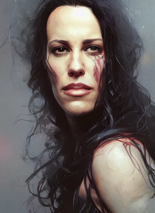 Prompt: Portrait of alanis morissette, marvel comics, dark, intricate, highly detailed, smooth, artstation, digital illustration by Ruan Jia and Mandy Jurgens and Artgerm and Wayne Barlowe and Greg Rutkowski and Frank Frazetta