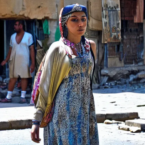 Image similar to High quality photo of Cleopatra, lost and confused in the streets of modern-day Cairo