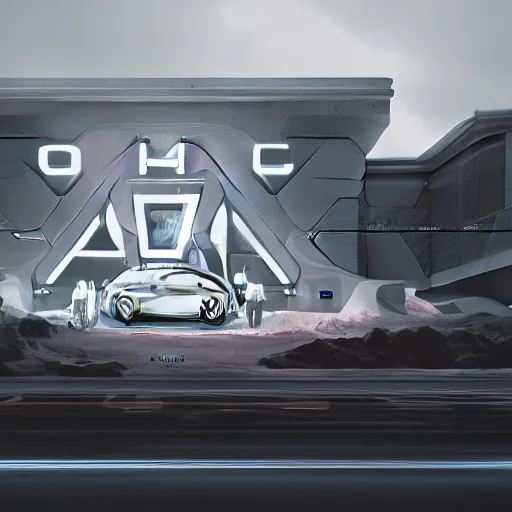 Image similar to sci-fi wall structure logotype and car on the coronation of napoleon painting and digital billboard in the middle, unreal engine 5, keyshot, octane, artstation trending, ultra high detail, ultra realistic, cinematic, 8k, 16k, in style of zaha hadid, in plastic, dark, tilt shift,