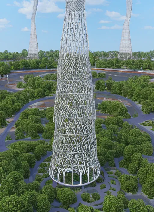 Image similar to highly detailed realistic architecture 3 d render of a stele shukhov tower standing in a city park, archdaily, made in unreal engine 4 octane render