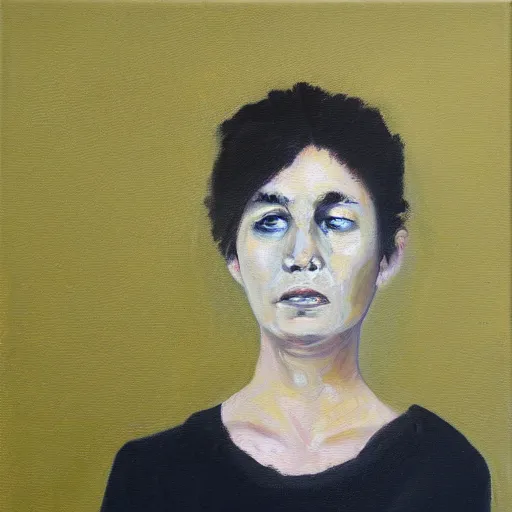 Image similar to scared woman staring up, oil painting, oil in canvas, brushstrokes