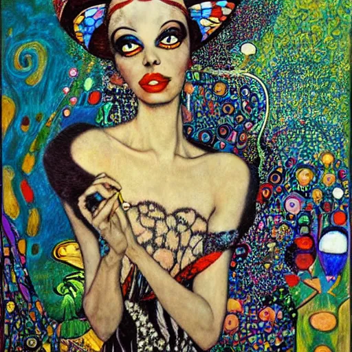 Image similar to josephine baker in alice in wonderland tripping on lsd, intricate detail, painting, klimt, royo, frazetta, whealan,