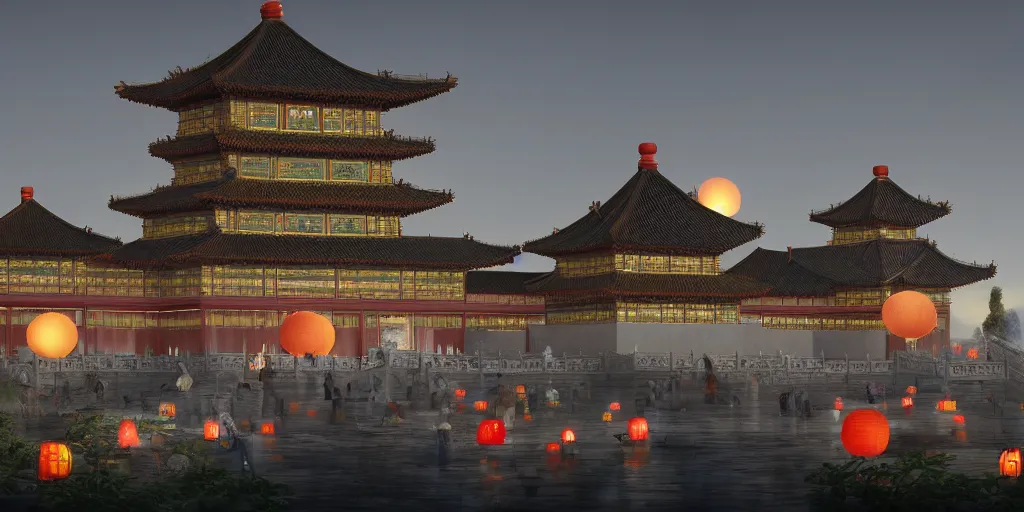 Image similar to magnificent chinese immortal palace, night view with kongming lanterns in the sky, concept art, dreamy, render by octane and blender, hyper realistic, cinematic lighting, unreal engin 5, by krenz cushart, 8 k, vray render, artstation, deviantart