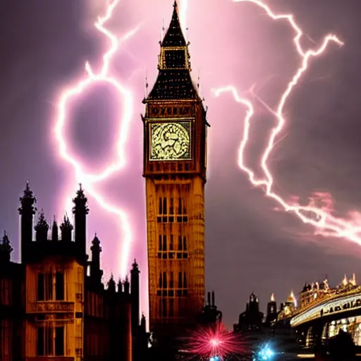 Prompt: Giant Kaiju monster attacks Big Ben in the city of London, breathing lightning fire, night time, cinematic lighting