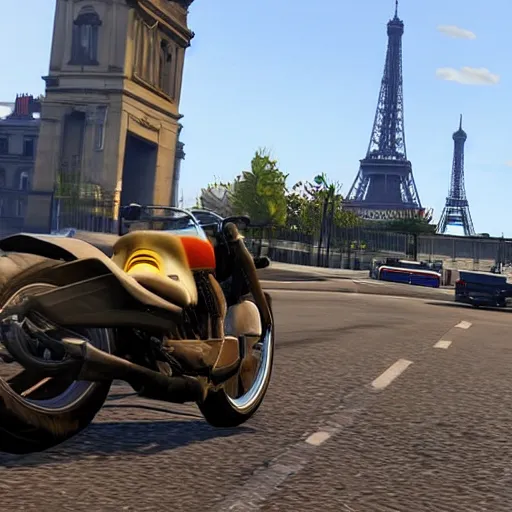 Prompt: promotional screenshot of grand theft auto videogame set in paris