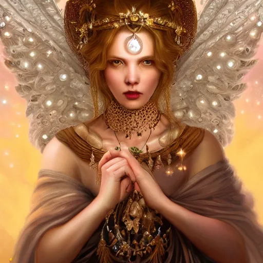 Image similar to A beautiful digital painting of a female angel full of jewels, princess, the moon behind her, intricate, cinematic lighting, highly detailed, digital painting, Artstation, concept art, smooth, sharp focus, illustration, art by Tom Bagshaw, Artgerm and Greg Rutkowski