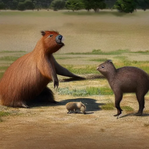 Image similar to capybaras vs emus, concept art, hyper realistic, beautiful, cinematography, 4k