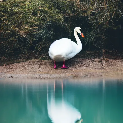 Prompt: a photo of a swan pulling a container and swimming in a blue lake, canon eos r 3, f / 1. 4, iso 2 0 0, 1 / 1 6 0 s, 8 k, raw, unedited, symmetrical balance