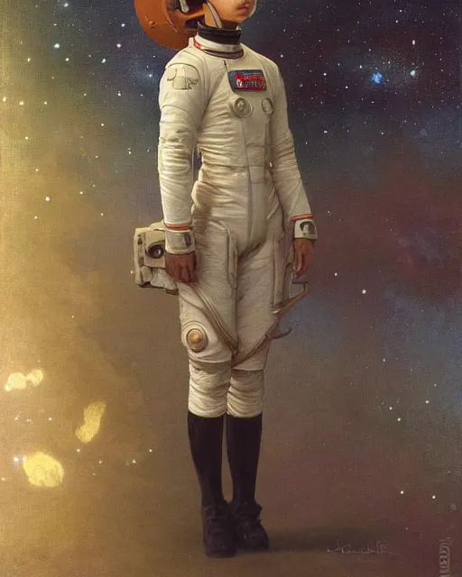 Image similar to a portrait painting of a shy, blushing 1 6 - year old astronaut resembling alicia vikander wearing a skintight spacesuit at night with a sky full of stars, intricate, elegant, highly detailed, artstation, concept art, by krenz cushart and artem demura and william adolph bouguereau and alphonse mucha