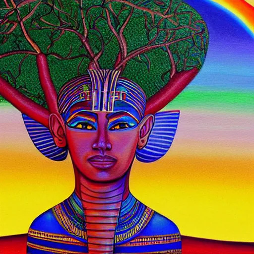 Image similar to painting of a peaceful Egyptian pharaoh relaxing under a tree by alex grey, acrylic art, calm, soothing, cosy, elegant, soft light,
