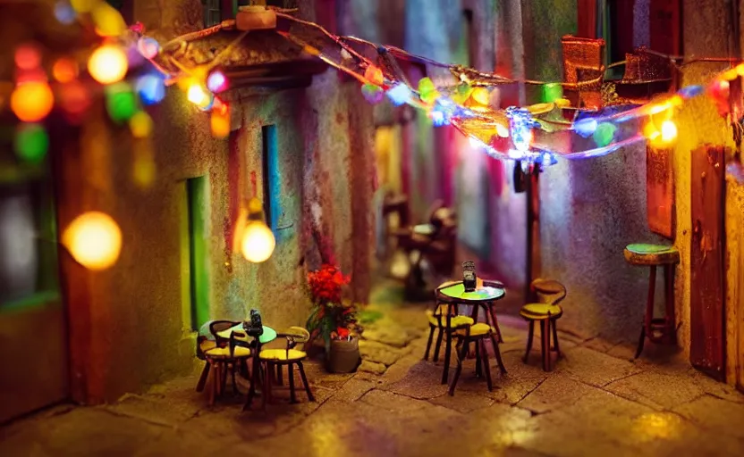 Image similar to mini cafe diorama macro photography, alleyway, ambient, atmospheric photograph, colorful string lights, romantic