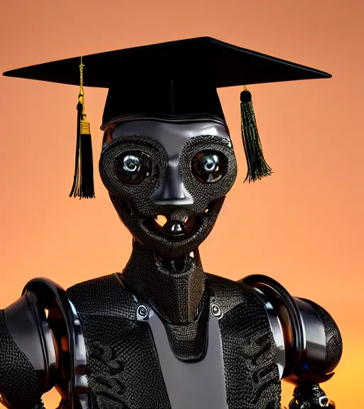 Image similar to a portrait of a extremely intricately detailed beautiful robot wearing on its head a highly detailed perfect render black graduation hat, realism. concept art. unreal engine 5, f / 1. 8, v - ray, ultra hd, 8 k, graduation photo, atmospheric beautiful background and beautiful lighting. hyper realism.