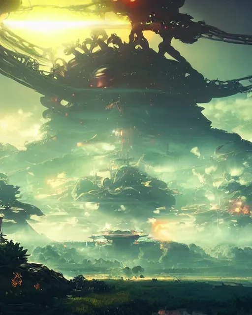 Image similar to beautiful landscape, nier automata, protoss!!, temple!!, machine planet, mothership in the sky, pink sun, tropical forest, colorful light, advanced technology, cinematic lighting, highly detailed, masterpiece, art by bastien grivet and darwin cellis and jan urschel