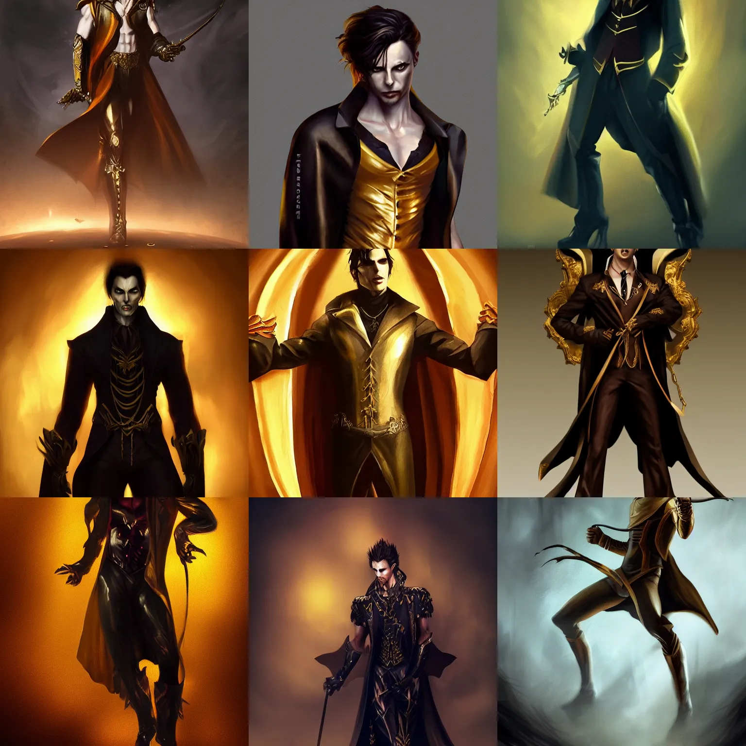 Prompt: male vampire in dark golden noble clothes in a dramatic pose, realistic painting, artstation, cinematic, full body shot, dramatic lighting