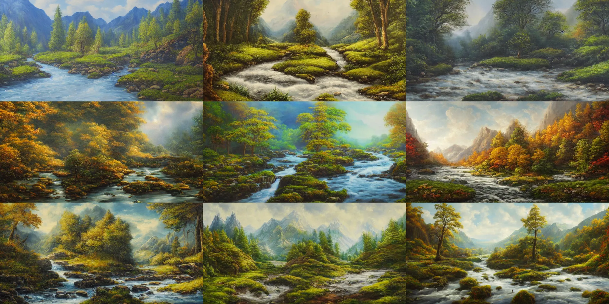 Prompt: a beautiful landscape painting of a elf valley with a river, oil on canvas, highly detailed, hd, 4 k