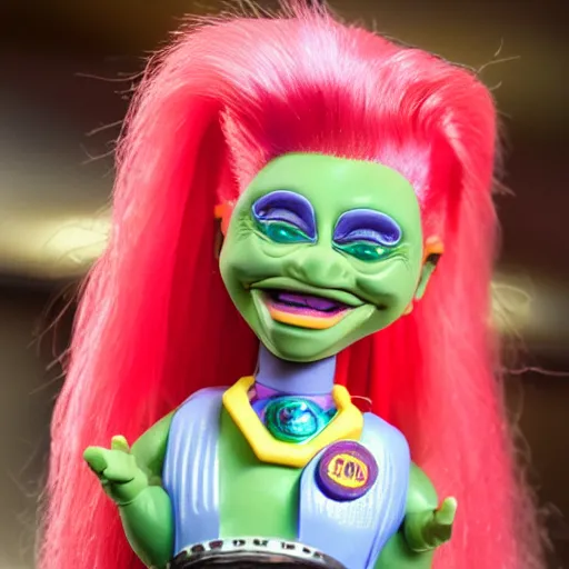 Prompt: 90s troll doll toy, surrounded by lots of money, and drinking a martini with high heels, and bright hair.