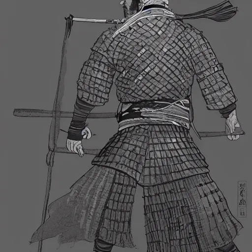 Image similar to a portrait from behind of a samurai man vagabond with a moon behind him, the samurai is wrapped in chains, detailed, illustration, concept art, ink style, sketch