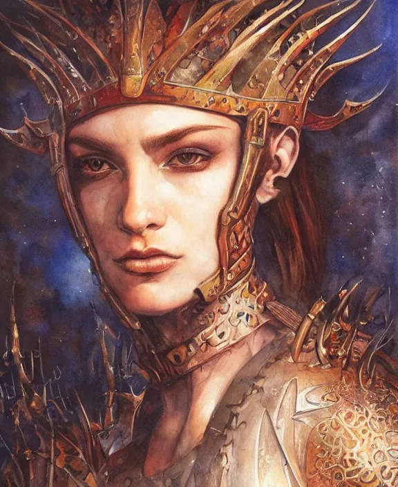 Prompt: a beautiful young medieval warrior, by karol bak, fine art, watercolor