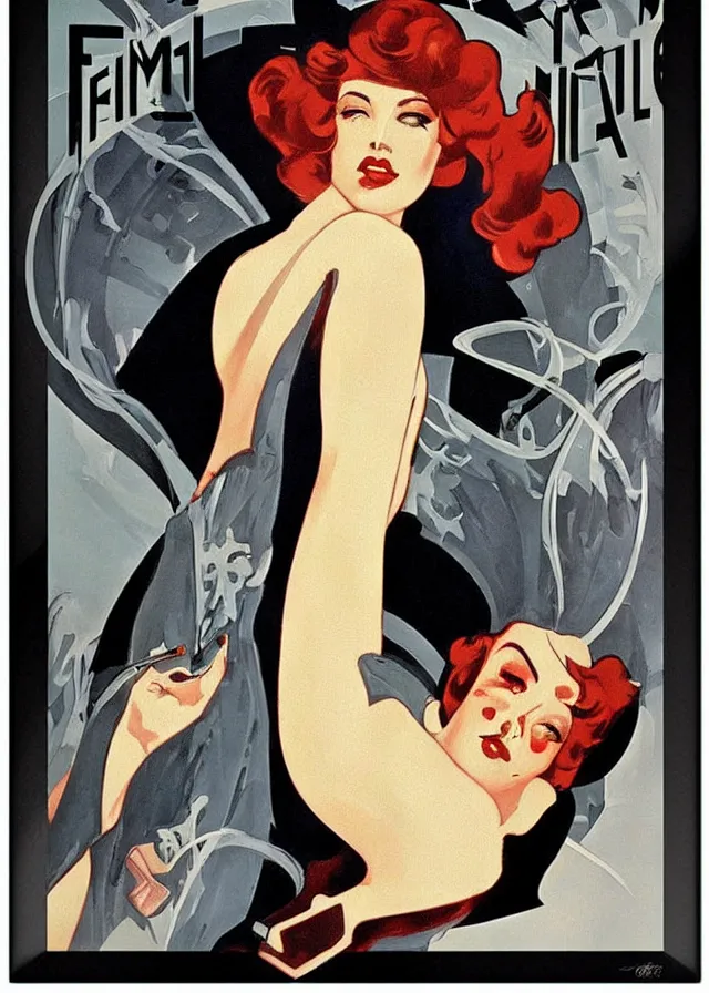 Prompt: film noir, femme fatale, movie poster print, pin up, canvas art print, art deco, art nouveau, mucha