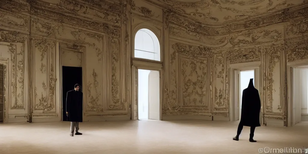 Image similar to Batman standing in giant Italian modern castle living room, clean minimalist design, that is 1300 feet tall, with very tall giant walls filled with modern art paintings, doors that are cosmic portals, photo by Annie Leibovitz