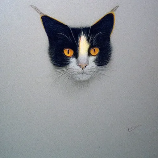 Image similar to a beautiful drawing of a calico cat, orange, black and white fur colors, by quint buchholz