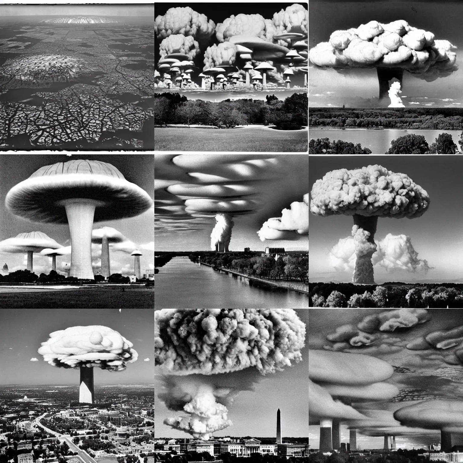 Prompt: Washington DC destroyed and filled with mushroom clouds from nuclear bombs, original photograph by Ansel Adams