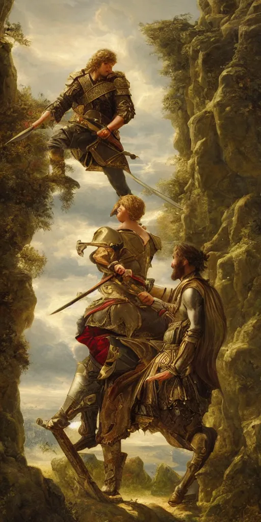 Image similar to a stunning and noble highly detailed romantic period style painting of young king arthur pulling the sword from the stone by james jean, josep tapiro baro and harles sillem lidderdale, trending on artstation, oil painting masterpiece, symmetry, rule of thirds, mysterious