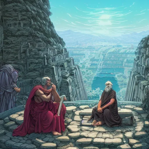Prompt: plato arguing with diogenes on the necropolis, by dan mumford, yusuke murata, makoto shinkai, ross tran, cosmic, heavenly, god rays, intricate detail, cinematic, 8 k, cel shaded, unreal engine, featured on artstation, pixiv