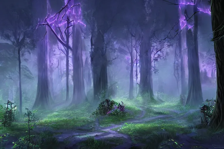 ancient magical dark forest, tall purple and pink