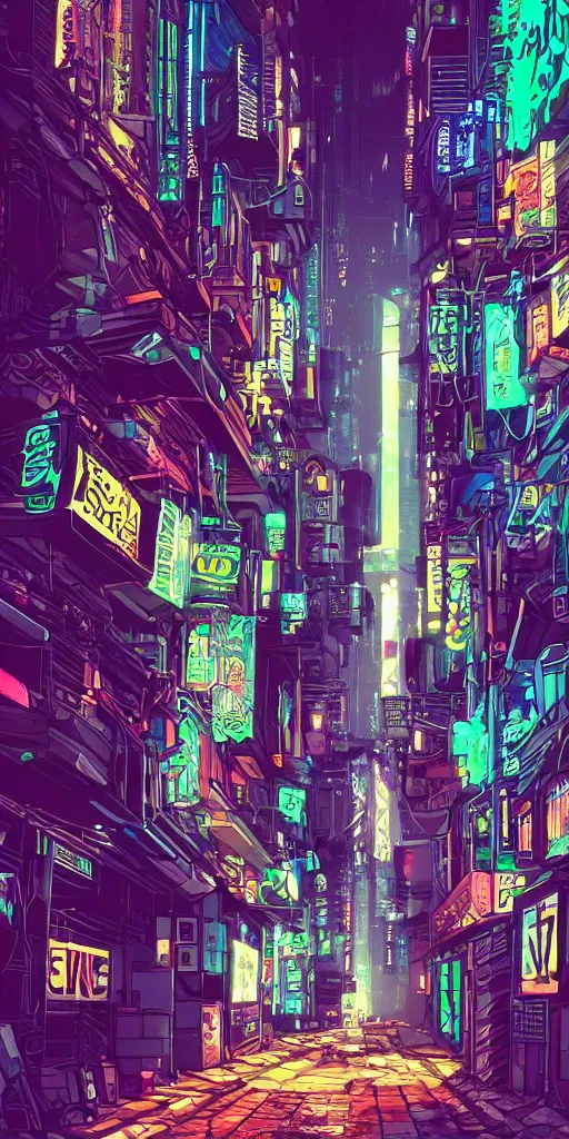 Image similar to wide! cyberpunk alley with a partial power outage, digital art, readable text, bold outlines, clean, cinematic camera, 8 k,