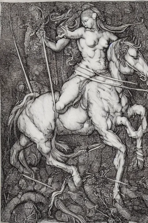 Prompt: “8k ink drawing of Diana huntress in thick forest, Horses in run, intricate in style of Michelangelo and Albrecht Durer, hand made paper”