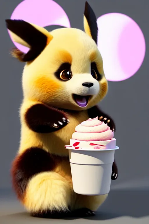 Prompt: high quality 3 d render hyperrealist very cute lowbrow happy panda & fox hybrid eating ice cream, vray smooth, in the style of detective pikachu, very dramatic light, low angle, uhd 8 k, shallow depth or field