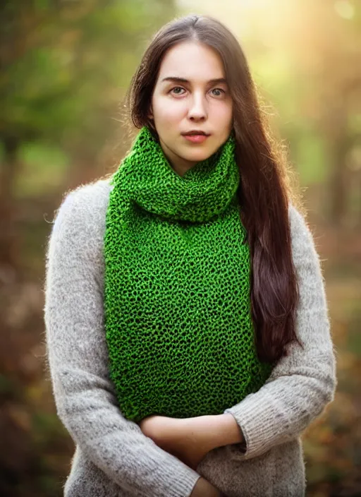 Prompt: portrait of a 2 3 year old woman with a green knitted scarf, symmetrical face, dark hair, she has the beautiful calm face of her mother, slightly smiling, ambient light in nature