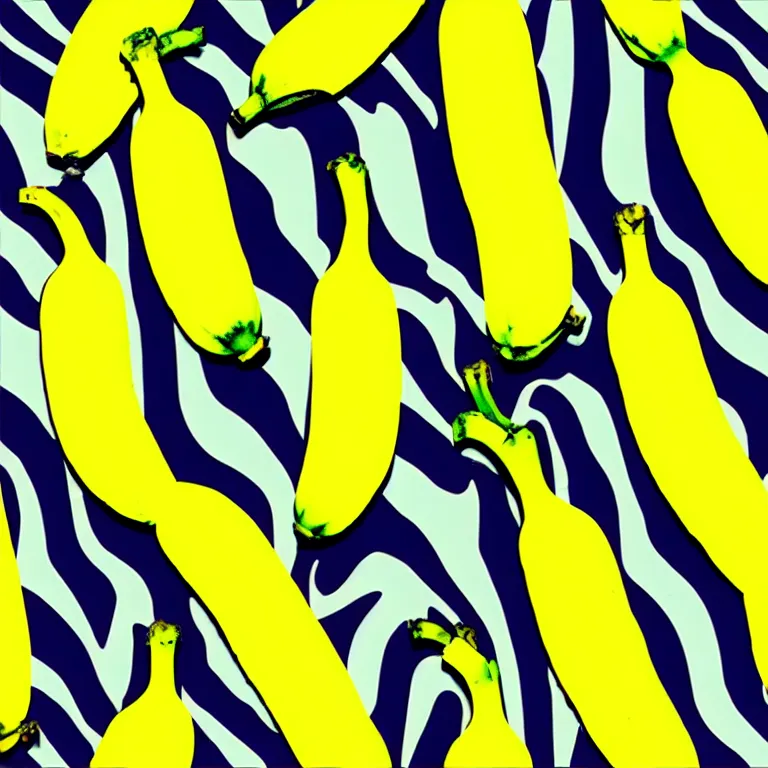 Image similar to bananas by andy warhol emerging from illusory motion dazzle camouflage perlin noise optical illusion