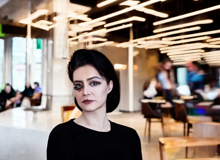 Image similar to young adult woman in a coffee shop wearing an avant garde outfit designed by zaha hadid, studio lighting, 5 0 mm