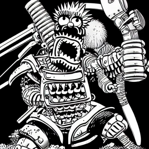 Image similar to homer simpson fighting guts from berserk wearing heavy armor, cinematic, manga style, black ink, hyperdetailed, ghibli