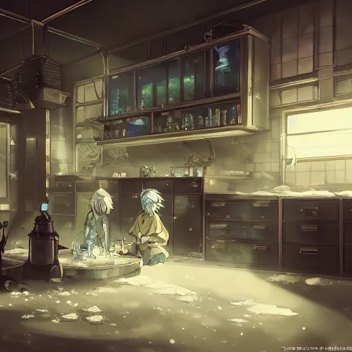 Image similar to interior of the frozen meth lab, anime fantasy illustration by tomoyuki yamasaki, kyoto studio, madhouse, ufotable, square enix, cinematic lighting, trending on artstation