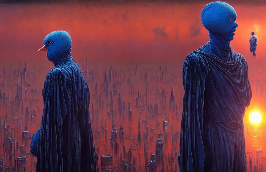 Image similar to realistic detailed portrait movie shot of a birdman wearing dark ragged robes, futuristic city sunset landscape background by denis villeneuve, amano, yves tanguy, alphonse mucha, ernst haeckel, max ernst, roger dean, ridley scott, rich moody colours, blue eyes