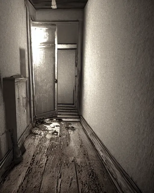 Image similar to Kirby in Resident Evil 7, American gothic interior, wooden floor, atmospheric, nighttime scene, photorealistic narrow hallway with broken windows, horror