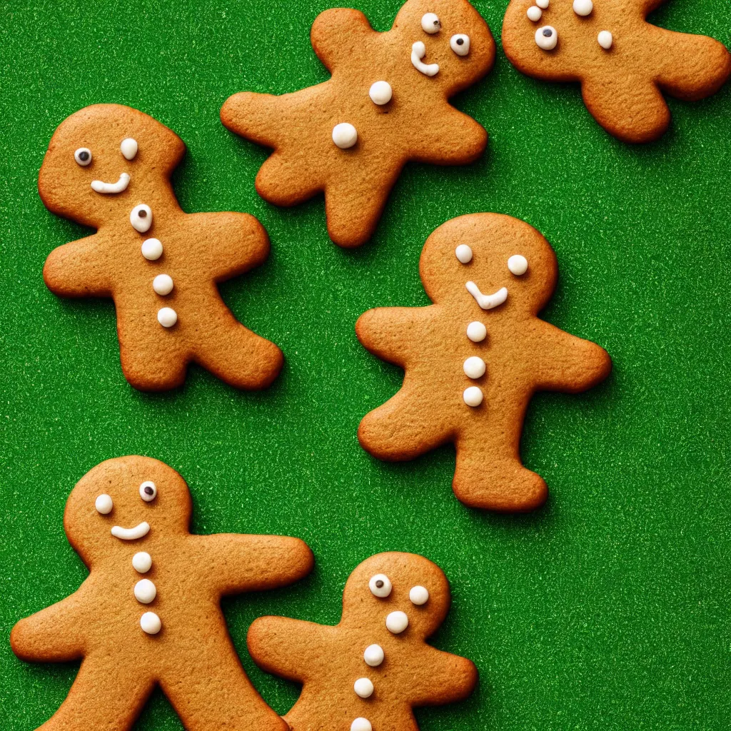 Image similar to top-down view of a cute gingerbread man on top of a green surface, 8k, high detail, photorealistic, proper shading