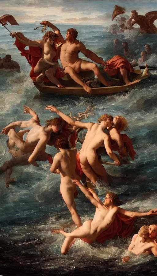 Image similar to man on boat crossing a body of water in hell with creatures in the water, sea of souls, by guillaume seignac