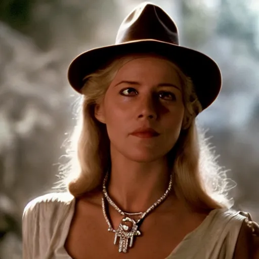 Image similar to a beautiful portrait from the film indiana jones and the fate of atlantis, of sophia hapgood wearing the nur ab sal necklace, dslr hyper focused