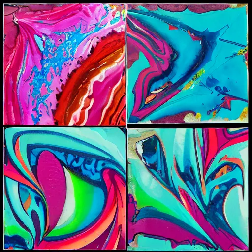 Prompt: acrylic paint pour, watercolor, marbling, graffiti, very detailed, large white border, 144x144 canvas 8k 4k :1 Black, Pink and Cyan:1