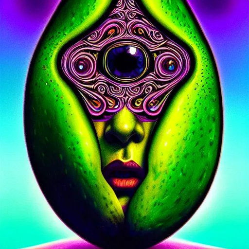 Image similar to An extremely psychedelic portrait of an avocado, surreal, LSD, face, detailed, intricate, elegant, lithe, highly detailed, digital painting, artstation, concept art, smooth, sharp focus, illustration