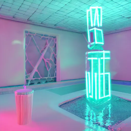 Image similar to a broken statue in a surreal underground white tiled swimming pool surrounded by neon lights and palm trees in vapor wave style, 3D octane render, hyperrealistic, finely detailed, dramatic lighting, neon lighting, unreal engine, houdini, 8k, 4k, raytracing