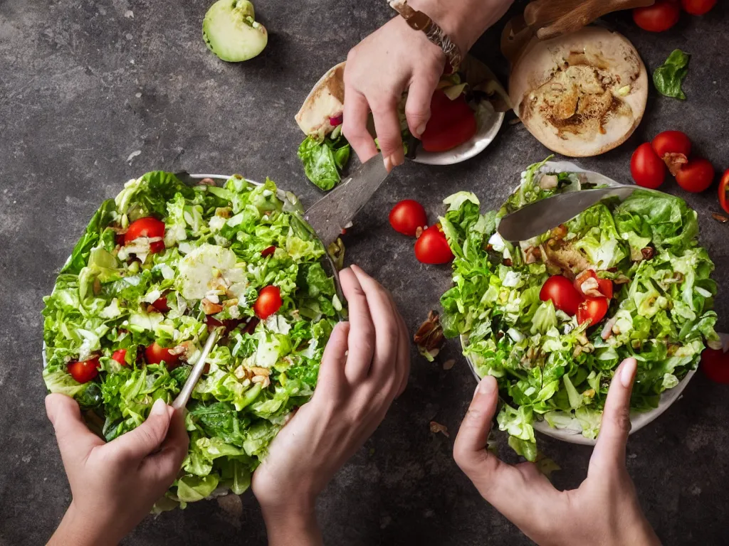 Prompt: an angry mother stabbing her salad, photo, 8K High Definition, highly detailed