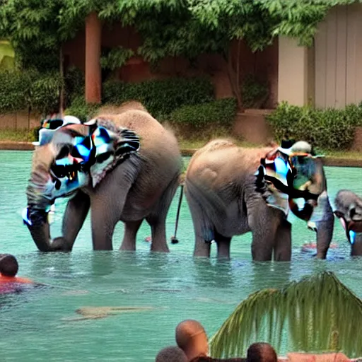 Prompt: Elephants drinking fromaswimming pool outside asuburban house