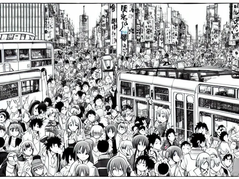 Image similar to Cat used as a bus in a busy city center, people on the bus, crowded, in the style of Manga, Eichiro Oda, hyper detailed